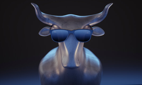 Iron bull with black sunglasses with dark blue background - 3D Illustration