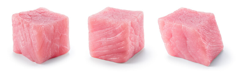 Meat isolated. Raw fresh meat cube on white background. Pork raw meat. Meat cubes with clipping...