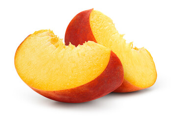 Peach slice isolated. Peach slices on white background. Peaches with clipping path.