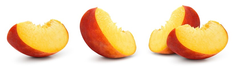 Fototapeta na wymiar Peach isolated. Peach half and a slice on white background. Peach fruit cut out. Set with clipping path. Full depth of field.