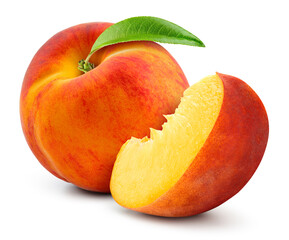 Peach isolated. Whole peach with a slice on white background. Peach fruit with leaf cut out. With clipping path. Full depth of field.