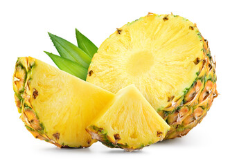 Pineapple with leaves and slices isolated. Cut pineapple with pieces on white background. Full...