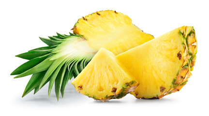 Pineapple with leaves and slices isolated. Cut pineapple half with pieces on white background. Full depth of field.