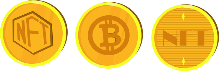 Non-fungible token (NFT) - background, NFT and bitcoin triple set on white background