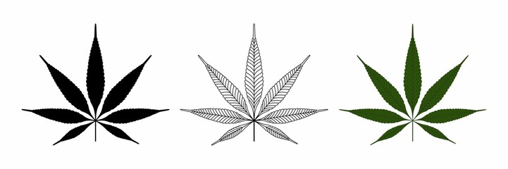 Cannabis leaves in various stylizations: silhouette, detail, full color and monochrome. Illustration in the style of flat and contour graphics for infographics.
