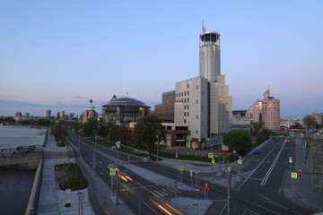 Urban morning landscape with a view of the business center "Red Hills", the House of Music, the embankment and the Garden Ring