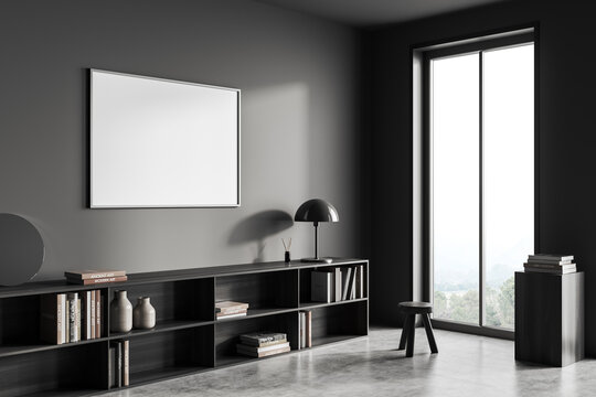 Grey art corner interior with drawer and decoration, window and mockup frame