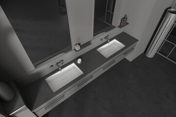 Top view of bathroom interior with sink and two mirrors, dark floor