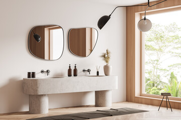Modern bathroom interior with sink and mirror, accessories and window - obrazy, fototapety, plakaty