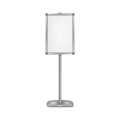 Poster frame vector mockup. Advertising floor standing display with metal base. Blank white placard sign holder stand mock-up