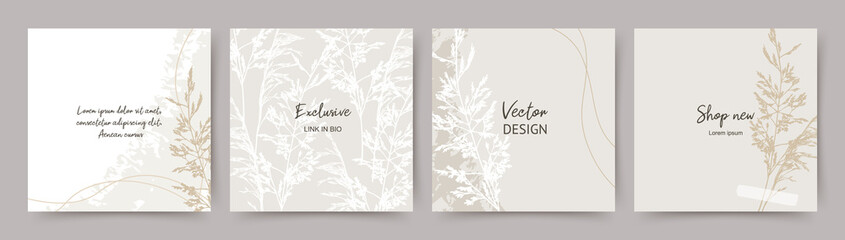 Background with floral sketch grass and texture in neutral pastel colors. Set of banner templates. Editable vector for social media post, card, cover, banner, invitation, poster, mobile apps, web ads