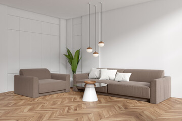 Corner view on bright living room interior with empty wall