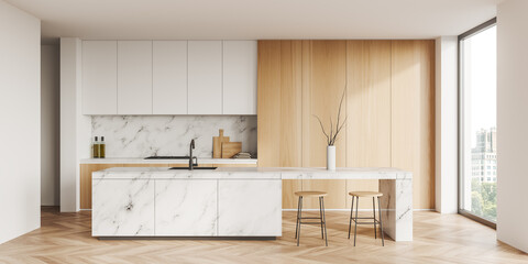 Light kitchen interior with countertop and seats, shelves and kitchenware, window - obrazy, fototapety, plakaty