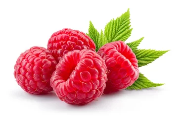 Poster Raspberry isolated. Red raspberries with green leaf isolate. Raspberry with leaves isolated on white background. Full depth of field. © MarcoFood