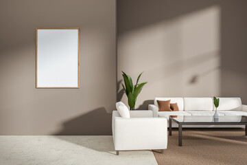 Fototapeta premium Stylish relax interior with sofa and coffee table, mockup frame