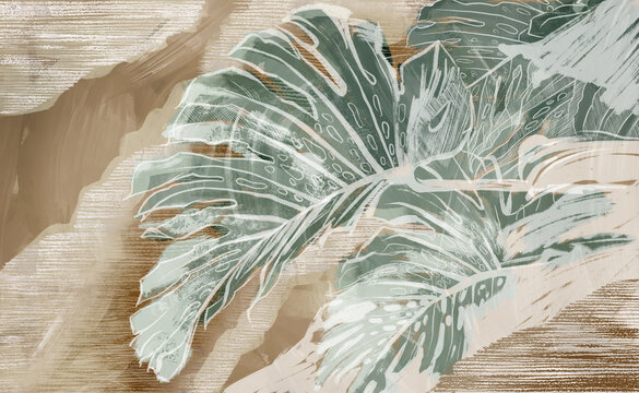 Fototapeta Abstract drawn exotic tropical leaves on concrete grunge wall. Floral background. Design for wallpaper, photo wallpaper, mural, card, postcard.  