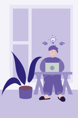 Vector illustration, a person working at a computer generates an idea.