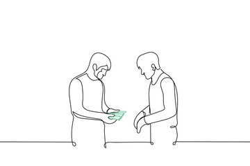 man stands with bills of money spread out in fan and the other looks at it - one line drawing vector. concept of counting money, issuing salary, receiving money, illegal currency exchange, salary