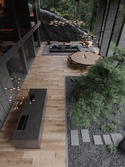 Modern loft large concrete structure space kitchen with garden, large bonsai trees, cozy living room and view to dolomiti mountains 3d rendering