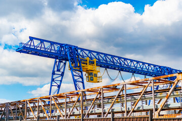 Port cargo crane loads heavy goods and containers. The concept of logistics and business for the transportation and delivery of goods by sea, road and rail...