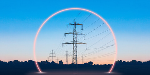 High voltage power lines in neon glow for design on the theme of the energy industry. Transmission...