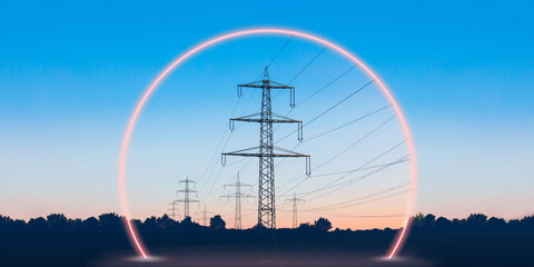 High voltage power lines in neon glow for design on the theme of the energy industry. Transmission and supply of electricity concept