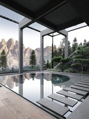 Large loft space with round pool design, garden, swing, stone wall and walkway  with view to dolomiti mountains 3d rendering 