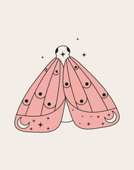 Hand drawn butterfly with moon. Vector illustration for tattoo design, logo or print isolated on white background