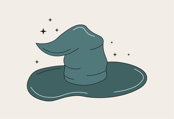 Vector cartoon illustration of Halloween witch hat. Green Witch hat  isolated on white background. Design element for Halloween.
