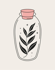 A magical bottle with plant and stars inside. Vector illustration
