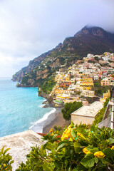 Beautiful panorama of Positano city at Amalfi Coast in Italy - obrazy, fototapety, plakaty