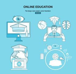 Online education concept in thin flat, linear style.Line design concept web banner vector