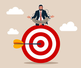 Peaceful businessman meditate sitting and focusing on big archer target. Stay focused and concentrate on business objective, goal or target, relax meditation to eliminate distraction concept.