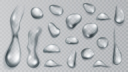 Set of realistic translucent water drops in gray colors in various shape and size, isolated on transparent background. Transparency only in vector format