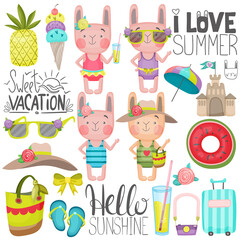 Set of vector children's illustrations with the image of bunnies on a summer beach vacation. Images in cartoon hand-drawn style for postcards, posters, banners for children.
