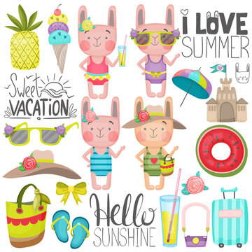 Set of vector children's illustrations with the image of bunnies on a summer beach vacation. Images in cartoon hand-drawn style for postcards, posters, banners for children.
