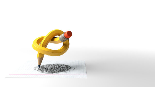 3D Writer's Block Concept Yellow Pencil Tied Up in Knot Scribbling Isolated on White Background