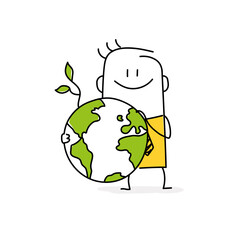 Stickman holding a globe with a young plant.