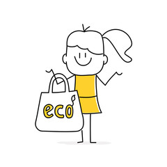 Stick figure, woman with eco-friendly bag in her hands.