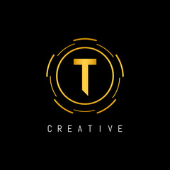 Golden Initial Letter T Logo Design with Circle Element. Linked Typography T Dot Letter Logo Design.