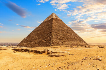 Ruins of the Pyramid of Chephren, Khafre in the sunny desert, Giza, Egypt