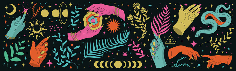 Collection of abstract mystical female hands with flowers, drawn in cartoon style, touching, divination with palms. Vintage vector stickers