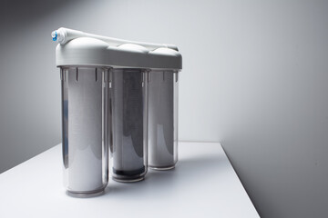 Water filtration system on white background. Close-up view. - obrazy, fototapety, plakaty