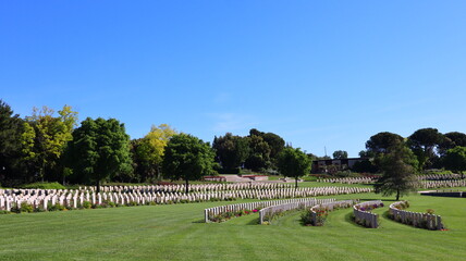 Fototapeta na wymiar Torino di Sangro, Italy - Sangro River War Cemetery. British and Commonwealth War Cemetery. Soldiers who are fallen in WW2 during the fighting near the Sangro River