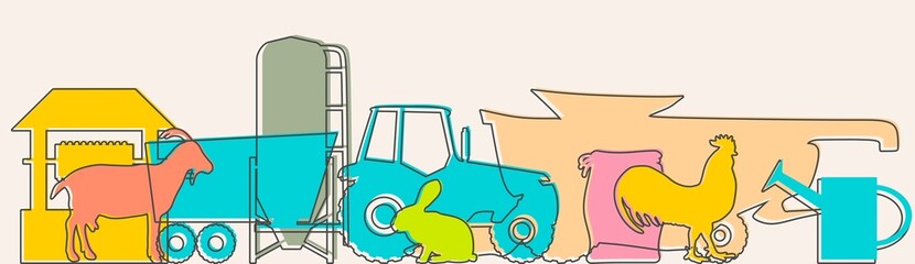 Overlayed outline icons of well, harvester, tractor and farm animals. Ecologically clean area. Village in the summer. Thin line style illustration or background for eco products, banner.