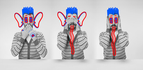 Creative triptych. Contemporary artwork. Young strange man with bright red and blue drawings. Digital vandalism. Concept of art, creation, aspiration, humor, caricature. - obrazy, fototapety, plakaty