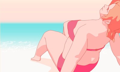 Beautiful plus size woman wearing underwear or swimsuit. Body positive concept. Attractive overweight girl relaxing on beach in summer. For Fat acceptance movement.