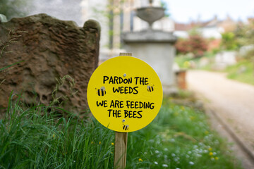 Pardon the weeds, we are feeding the bees sign placed in amongst wild flowers in a church yard