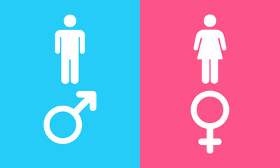Male and female symbols on pink and blue background. Gender symbols. Toilets icons.
