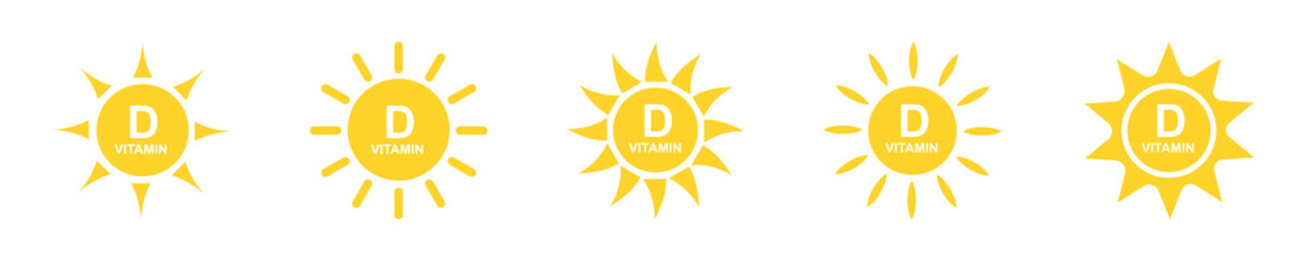 Set of icon with yellow vitamin D on white background. Sun and vitamin D. Vector 10 EPS.